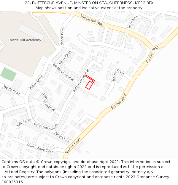 23, BUTTERCUP AVENUE, MINSTER ON SEA, SHEERNESS, ME12 3FX: Location map and indicative extent of plot