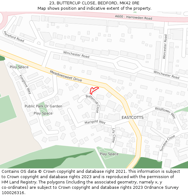 23, BUTTERCUP CLOSE, BEDFORD, MK42 0RE: Location map and indicative extent of plot