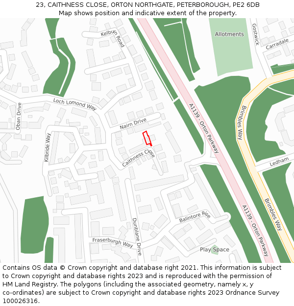 23, CAITHNESS CLOSE, ORTON NORTHGATE, PETERBOROUGH, PE2 6DB: Location map and indicative extent of plot