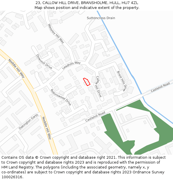 23, CALLOW HILL DRIVE, BRANSHOLME, HULL, HU7 4ZL: Location map and indicative extent of plot