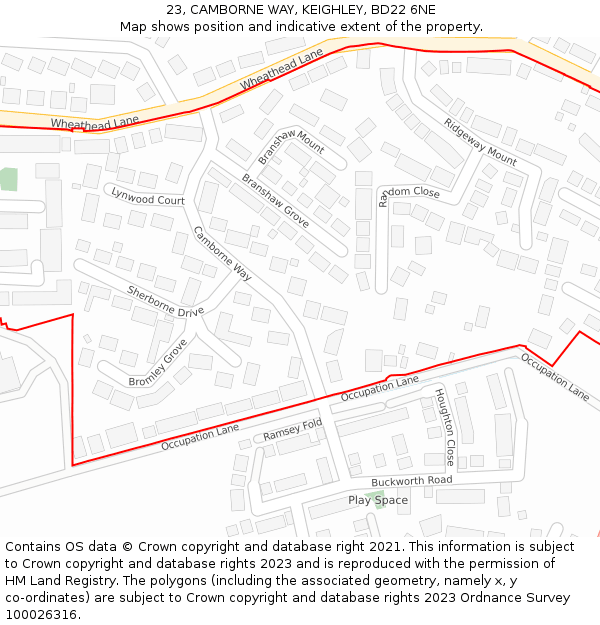 23, CAMBORNE WAY, KEIGHLEY, BD22 6NE: Location map and indicative extent of plot