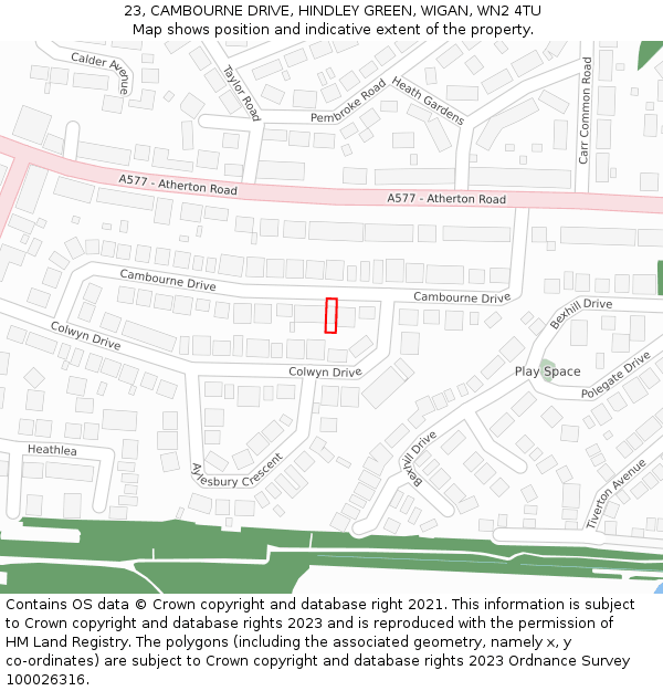23, CAMBOURNE DRIVE, HINDLEY GREEN, WIGAN, WN2 4TU: Location map and indicative extent of plot