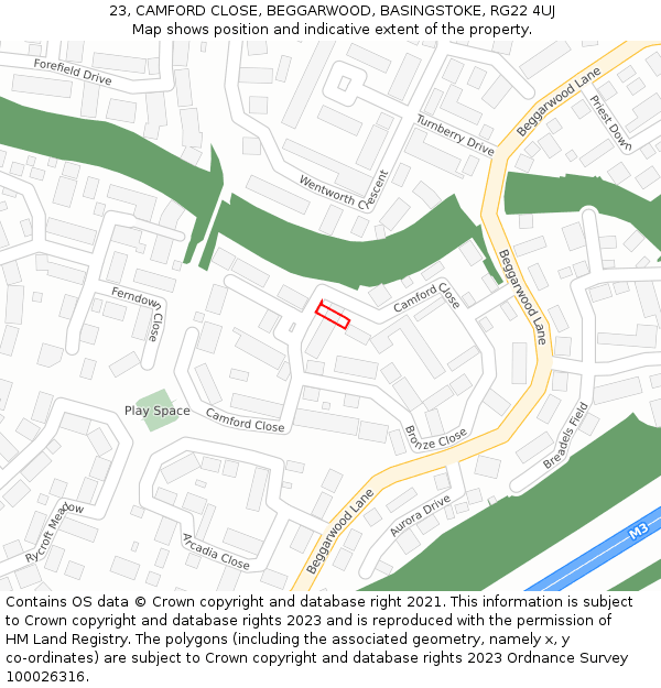 23, CAMFORD CLOSE, BEGGARWOOD, BASINGSTOKE, RG22 4UJ: Location map and indicative extent of plot