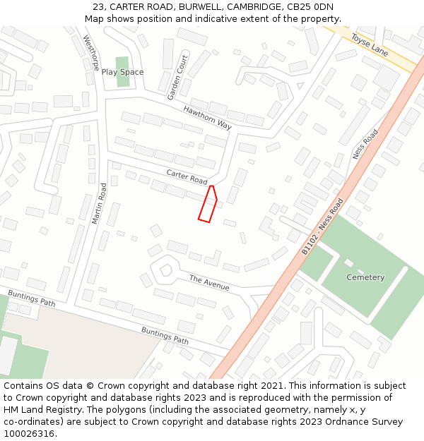 23, CARTER ROAD, BURWELL, CAMBRIDGE, CB25 0DN: Location map and indicative extent of plot