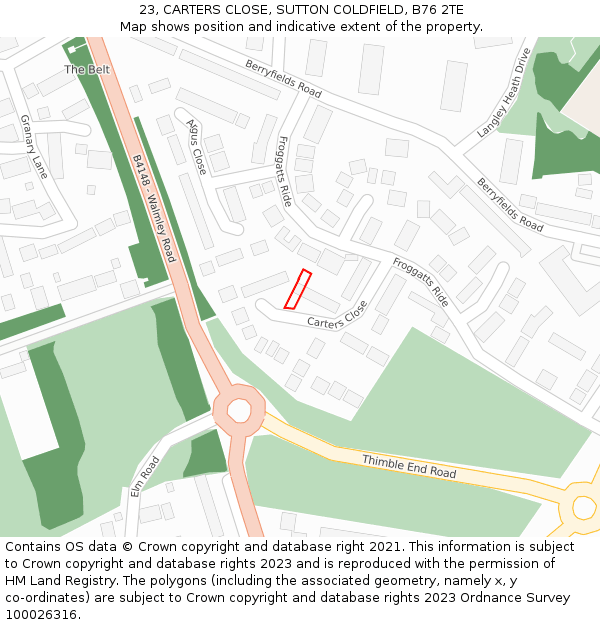 23, CARTERS CLOSE, SUTTON COLDFIELD, B76 2TE: Location map and indicative extent of plot