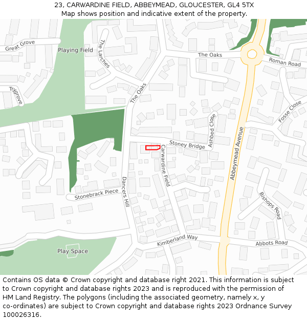 23, CARWARDINE FIELD, ABBEYMEAD, GLOUCESTER, GL4 5TX: Location map and indicative extent of plot