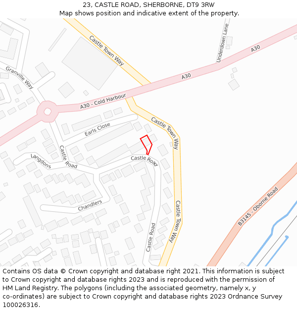23, CASTLE ROAD, SHERBORNE, DT9 3RW: Location map and indicative extent of plot