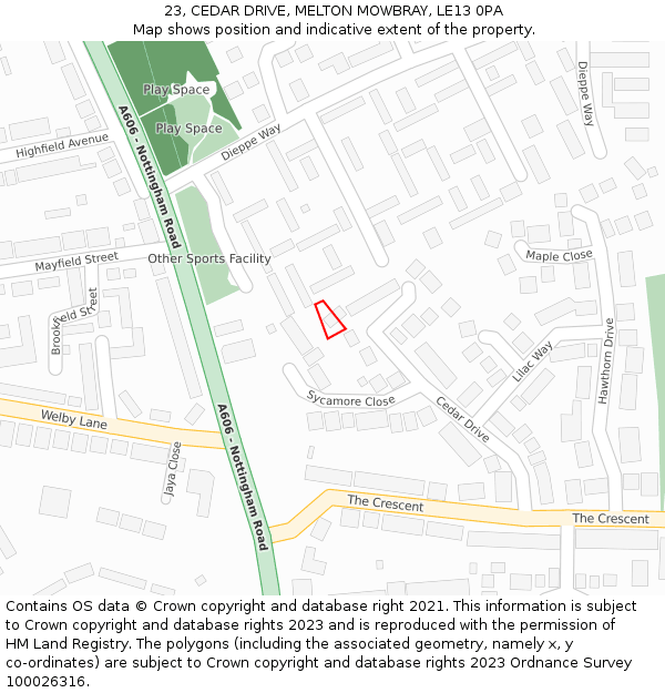 23, CEDAR DRIVE, MELTON MOWBRAY, LE13 0PA: Location map and indicative extent of plot