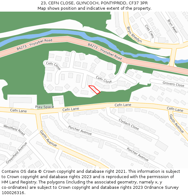 23, CEFN CLOSE, GLYNCOCH, PONTYPRIDD, CF37 3PR: Location map and indicative extent of plot