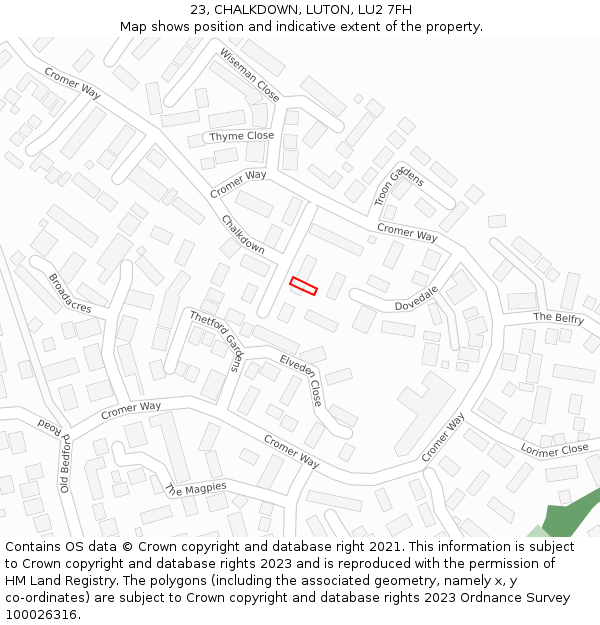 23, CHALKDOWN, LUTON, LU2 7FH: Location map and indicative extent of plot