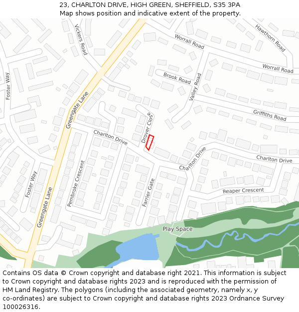23, CHARLTON DRIVE, HIGH GREEN, SHEFFIELD, S35 3PA: Location map and indicative extent of plot
