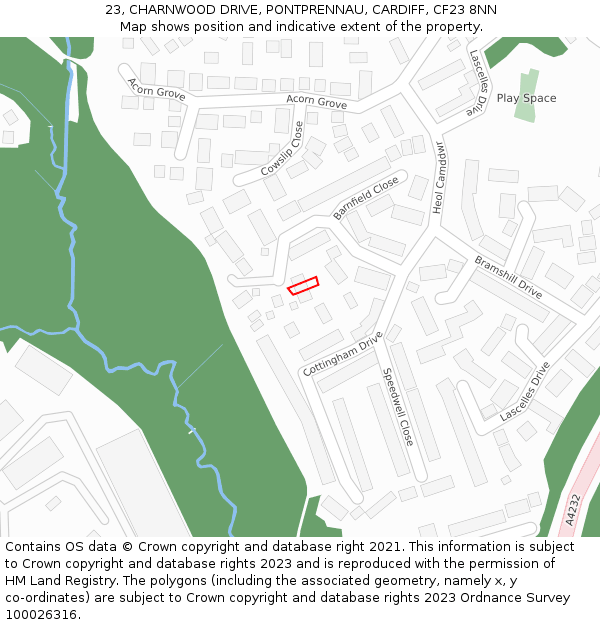 23, CHARNWOOD DRIVE, PONTPRENNAU, CARDIFF, CF23 8NN: Location map and indicative extent of plot