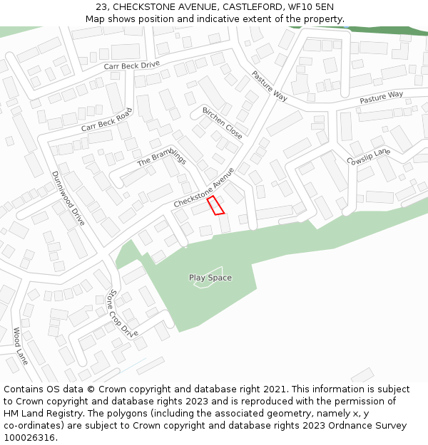 23, CHECKSTONE AVENUE, CASTLEFORD, WF10 5EN: Location map and indicative extent of plot