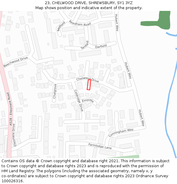 23, CHELWOOD DRIVE, SHREWSBURY, SY1 3YZ: Location map and indicative extent of plot
