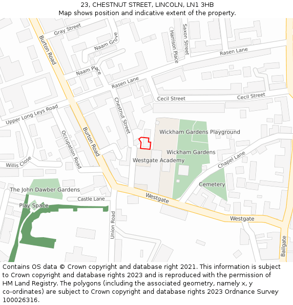 23, CHESTNUT STREET, LINCOLN, LN1 3HB: Location map and indicative extent of plot