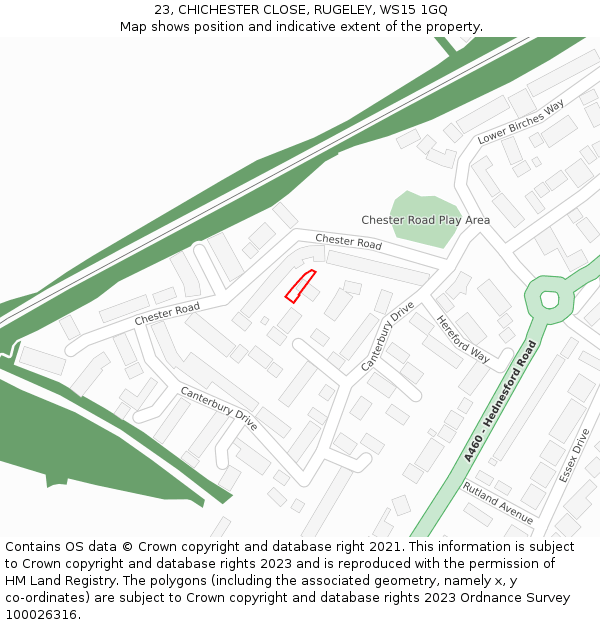 23, CHICHESTER CLOSE, RUGELEY, WS15 1GQ: Location map and indicative extent of plot
