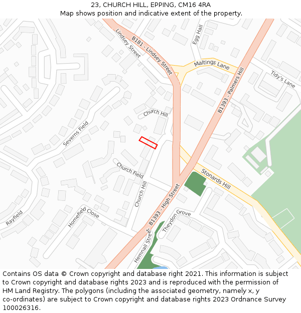 23, CHURCH HILL, EPPING, CM16 4RA: Location map and indicative extent of plot