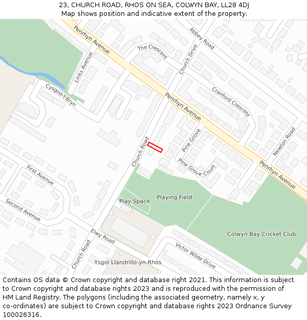 23, CHURCH ROAD, RHOS ON SEA, COLWYN BAY, LL28 4DJ: Location map and indicative extent of plot