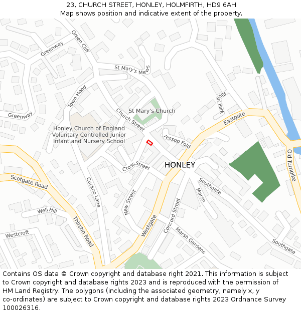 23, CHURCH STREET, HONLEY, HOLMFIRTH, HD9 6AH: Location map and indicative extent of plot