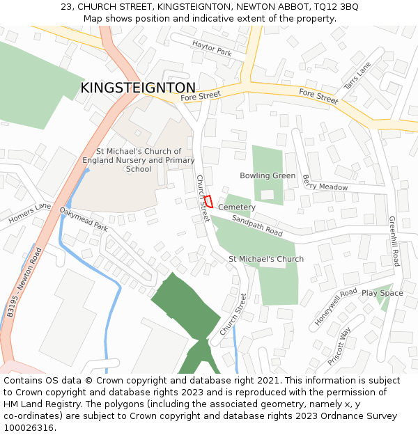 23, CHURCH STREET, KINGSTEIGNTON, NEWTON ABBOT, TQ12 3BQ: Location map and indicative extent of plot