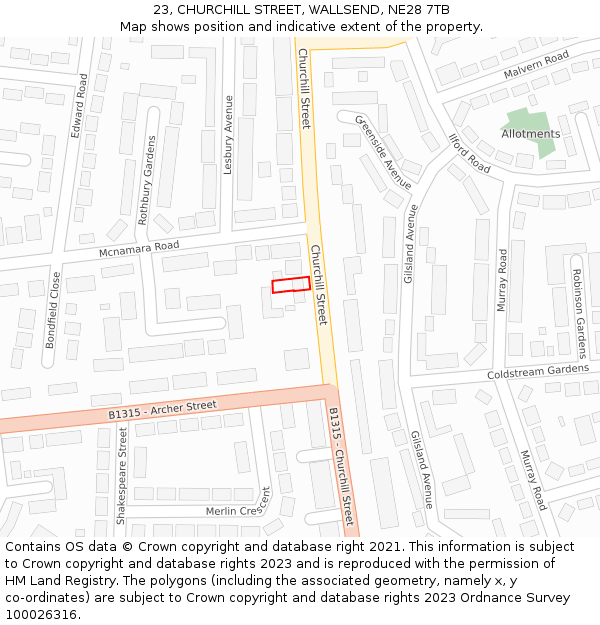 23, CHURCHILL STREET, WALLSEND, NE28 7TB: Location map and indicative extent of plot