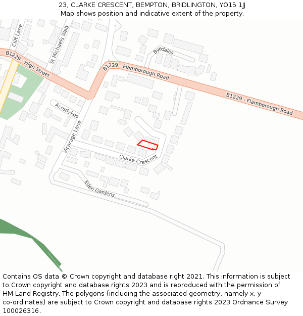 23, CLARKE CRESCENT, BEMPTON, BRIDLINGTON, YO15 1JJ: Location map and indicative extent of plot