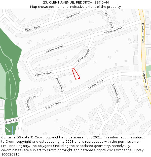23, CLENT AVENUE, REDDITCH, B97 5HH: Location map and indicative extent of plot