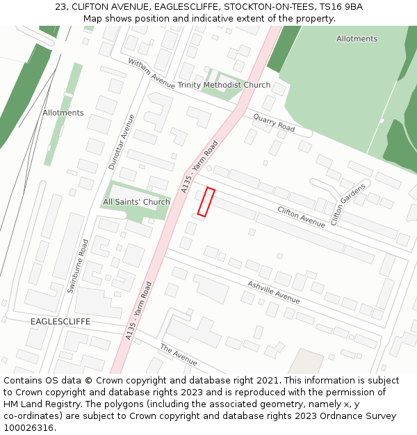 23, CLIFTON AVENUE, EAGLESCLIFFE, STOCKTON-ON-TEES, TS16 9BA: Location map and indicative extent of plot