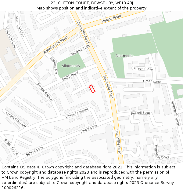 23, CLIFTON COURT, DEWSBURY, WF13 4RJ: Location map and indicative extent of plot