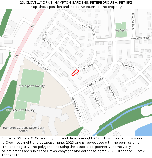 23, CLOVELLY DRIVE, HAMPTON GARDENS, PETERBOROUGH, PE7 8PZ: Location map and indicative extent of plot