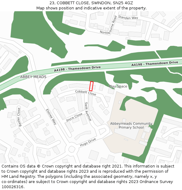 23, COBBETT CLOSE, SWINDON, SN25 4GZ: Location map and indicative extent of plot