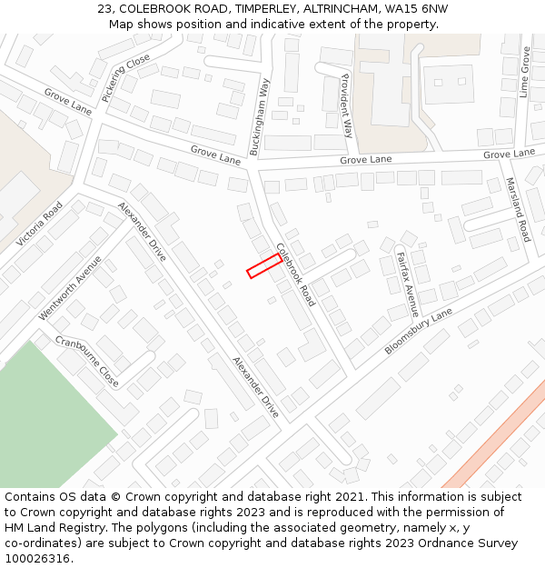 23, COLEBROOK ROAD, TIMPERLEY, ALTRINCHAM, WA15 6NW: Location map and indicative extent of plot