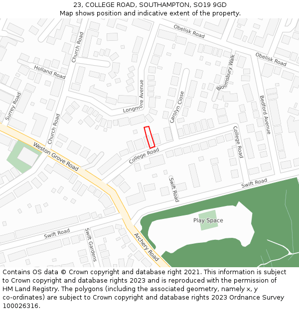 23, COLLEGE ROAD, SOUTHAMPTON, SO19 9GD: Location map and indicative extent of plot