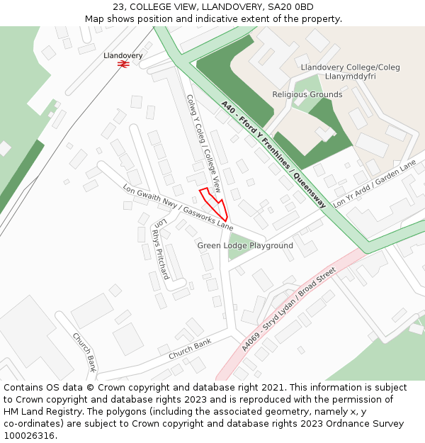 23, COLLEGE VIEW, LLANDOVERY, SA20 0BD: Location map and indicative extent of plot