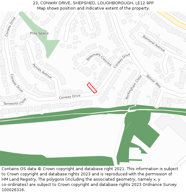 23, CONWAY DRIVE, SHEPSHED, LOUGHBOROUGH, LE12 9PP: Location map and indicative extent of plot