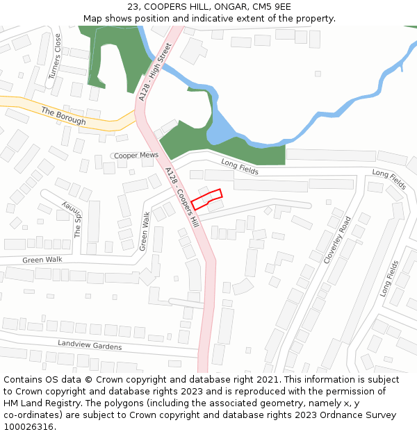 23, COOPERS HILL, ONGAR, CM5 9EE: Location map and indicative extent of plot