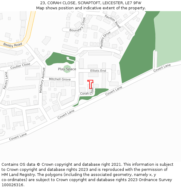23, CORAH CLOSE, SCRAPTOFT, LEICESTER, LE7 9FW: Location map and indicative extent of plot
