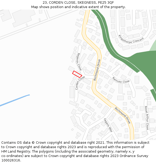 23, CORDEN CLOSE, SKEGNESS, PE25 3QF: Location map and indicative extent of plot