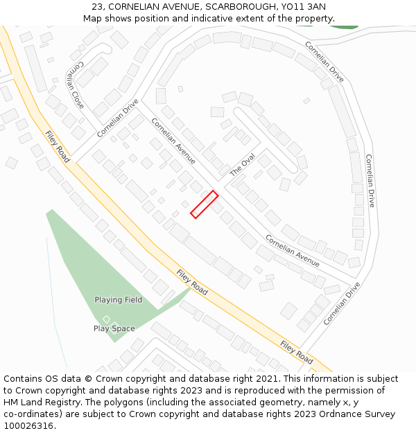 23, CORNELIAN AVENUE, SCARBOROUGH, YO11 3AN: Location map and indicative extent of plot
