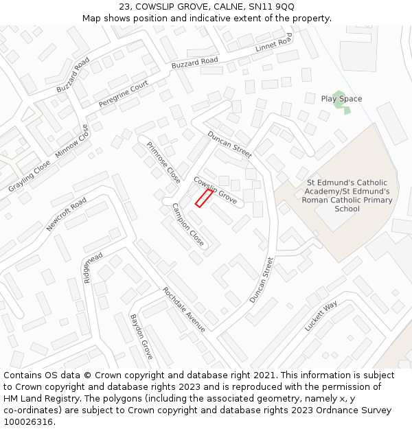 23, COWSLIP GROVE, CALNE, SN11 9QQ: Location map and indicative extent of plot