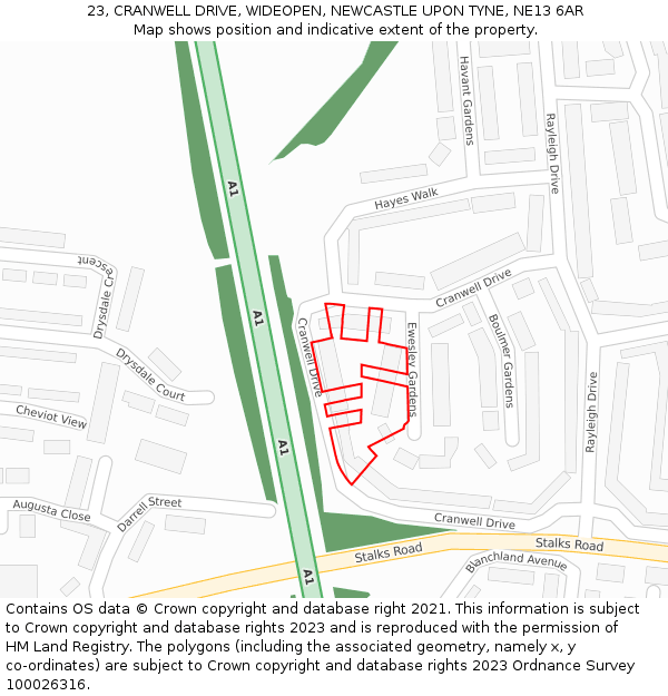 23, CRANWELL DRIVE, WIDEOPEN, NEWCASTLE UPON TYNE, NE13 6AR: Location map and indicative extent of plot
