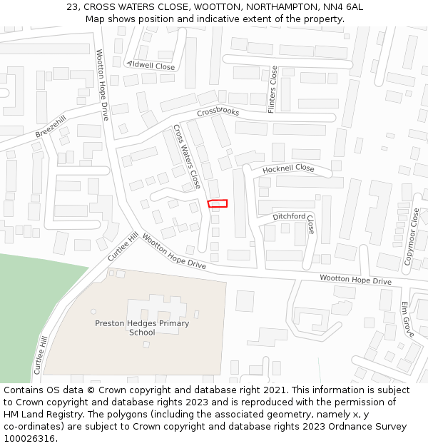 23, CROSS WATERS CLOSE, WOOTTON, NORTHAMPTON, NN4 6AL: Location map and indicative extent of plot
