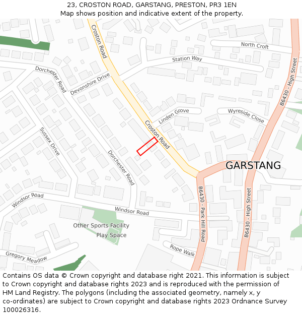 23, CROSTON ROAD, GARSTANG, PRESTON, PR3 1EN: Location map and indicative extent of plot