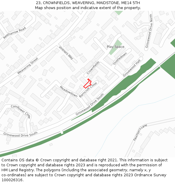 23, CROWNFIELDS, WEAVERING, MAIDSTONE, ME14 5TH: Location map and indicative extent of plot