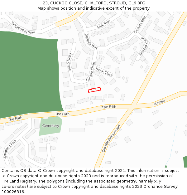 23, CUCKOO CLOSE, CHALFORD, STROUD, GL6 8FG: Location map and indicative extent of plot