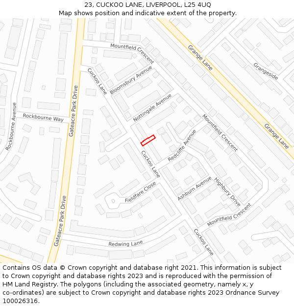 23, CUCKOO LANE, LIVERPOOL, L25 4UQ: Location map and indicative extent of plot