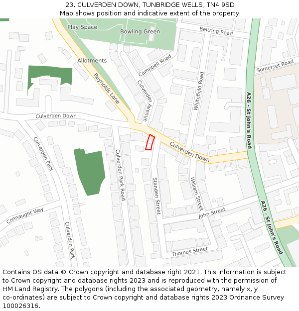 23, CULVERDEN DOWN, TUNBRIDGE WELLS, TN4 9SD: Location map and indicative extent of plot