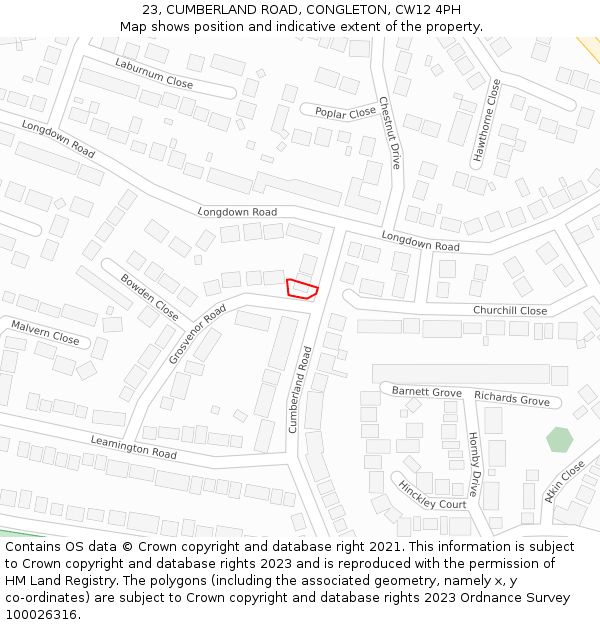 23, CUMBERLAND ROAD, CONGLETON, CW12 4PH: Location map and indicative extent of plot