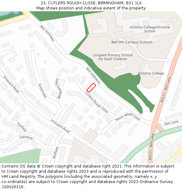 23, CUTLERS ROUGH CLOSE, BIRMINGHAM, B31 1LX: Location map and indicative extent of plot