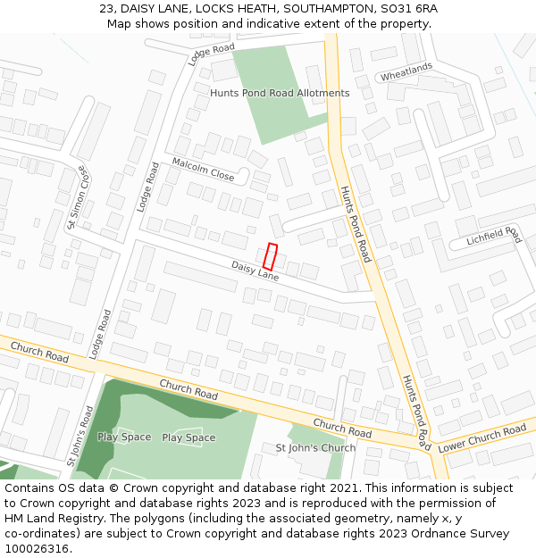 23, DAISY LANE, LOCKS HEATH, SOUTHAMPTON, SO31 6RA: Location map and indicative extent of plot